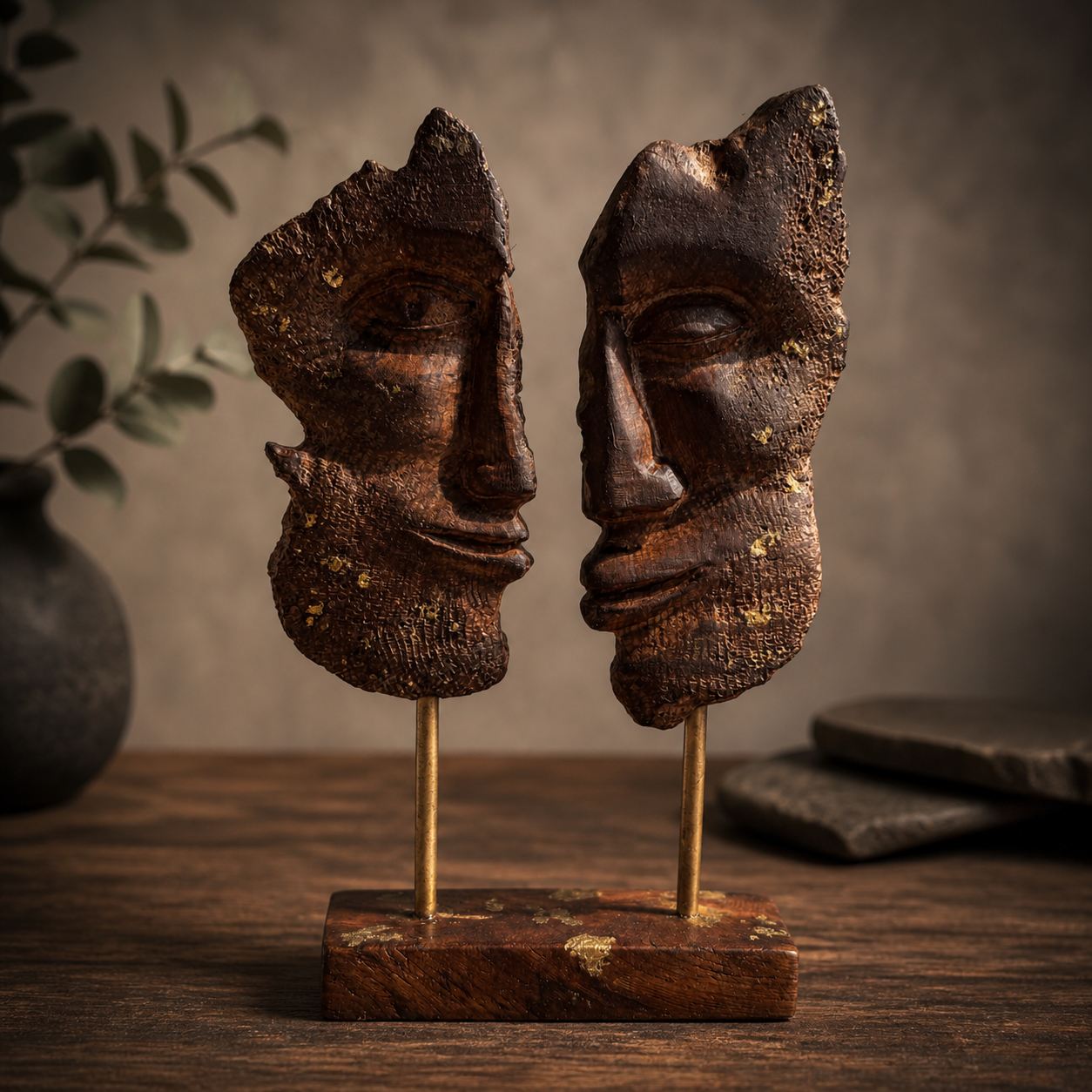 One-of-a-kind bog oak sculpture with two abstract faces, front view showing symmetry and carved details