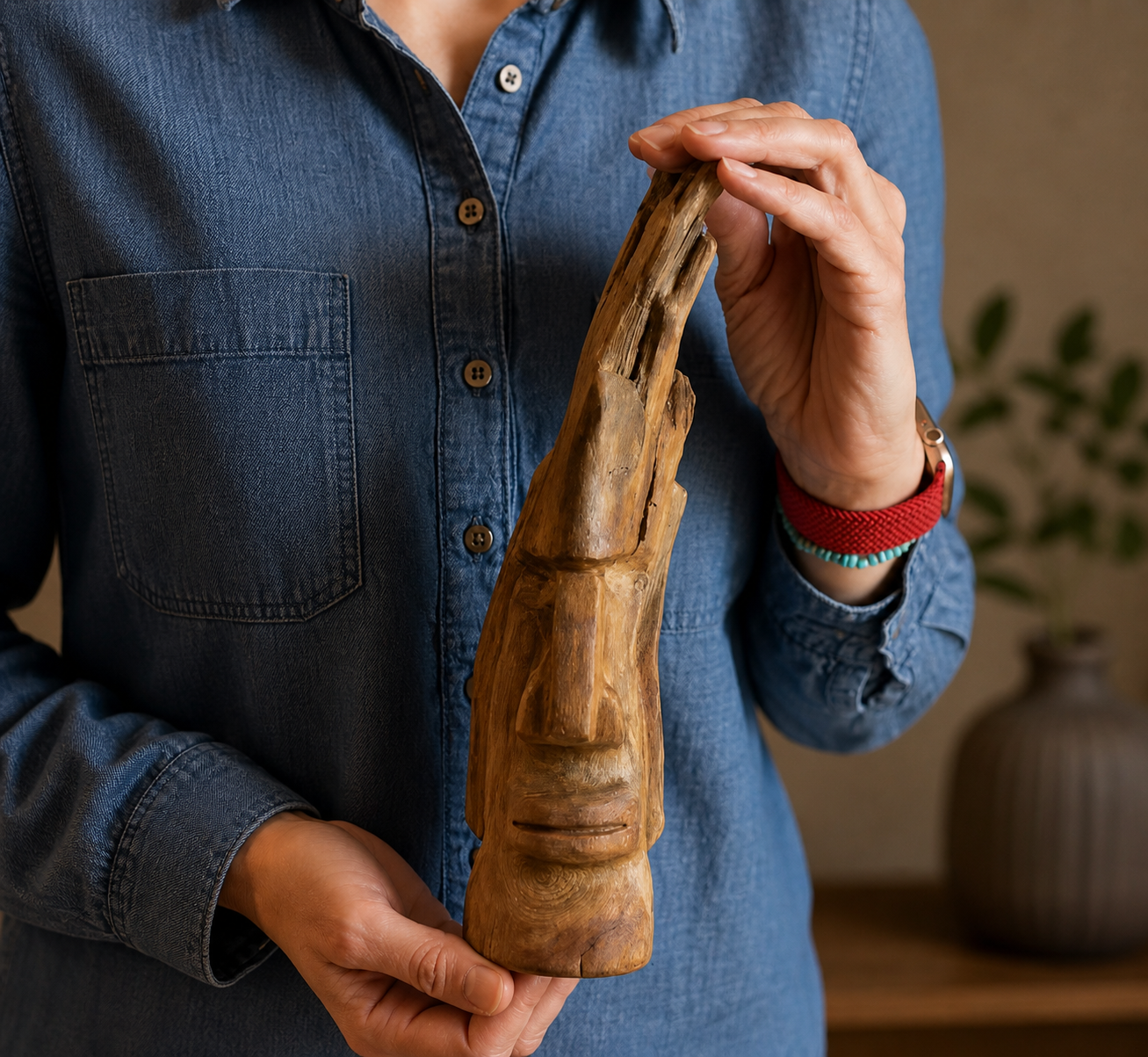 Hand holding a one-of-a-kind carved wooden face sculpture, showing scale and natural grain detail