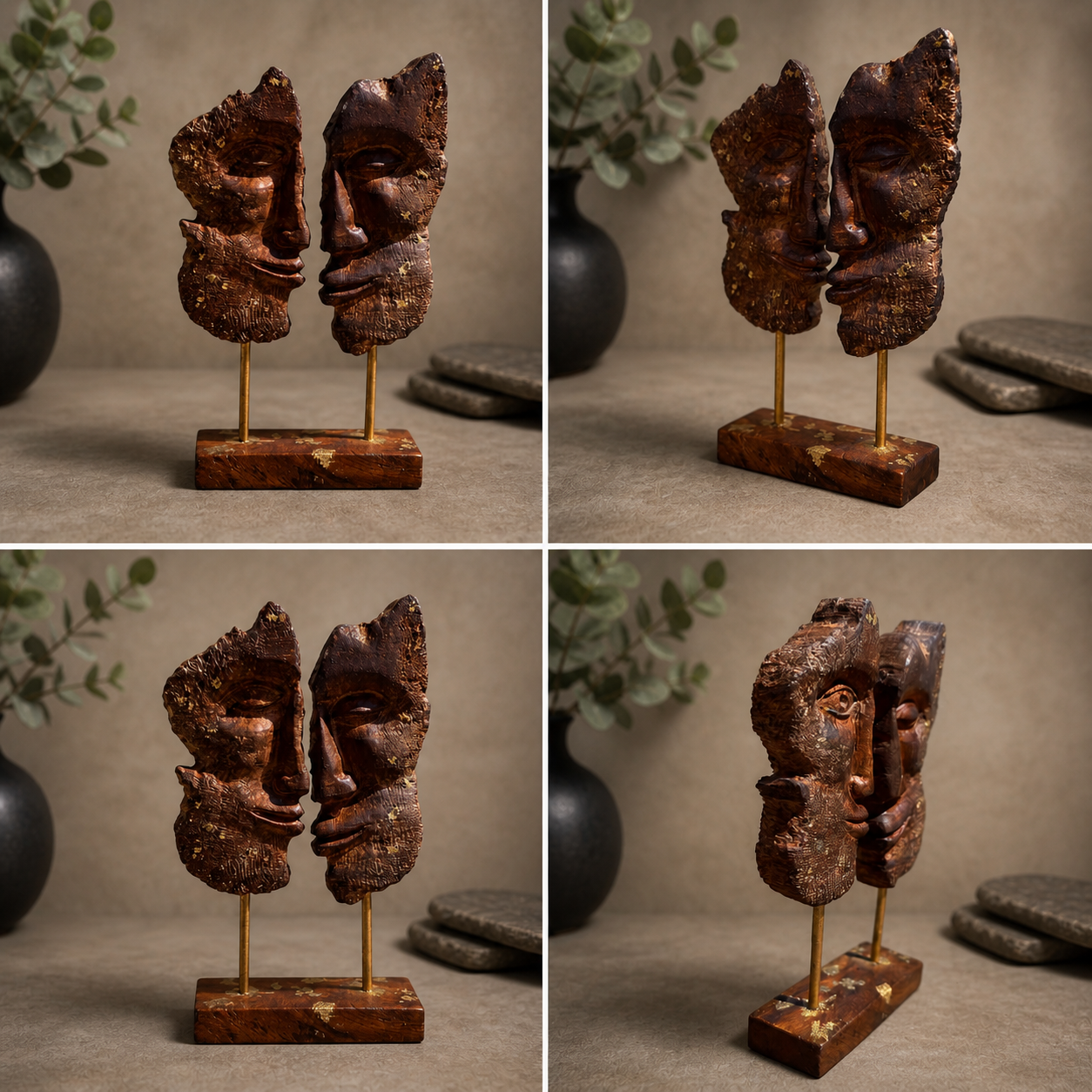 Angled view of hand-carved bog oak double face sculpture highlighting depth and layered form