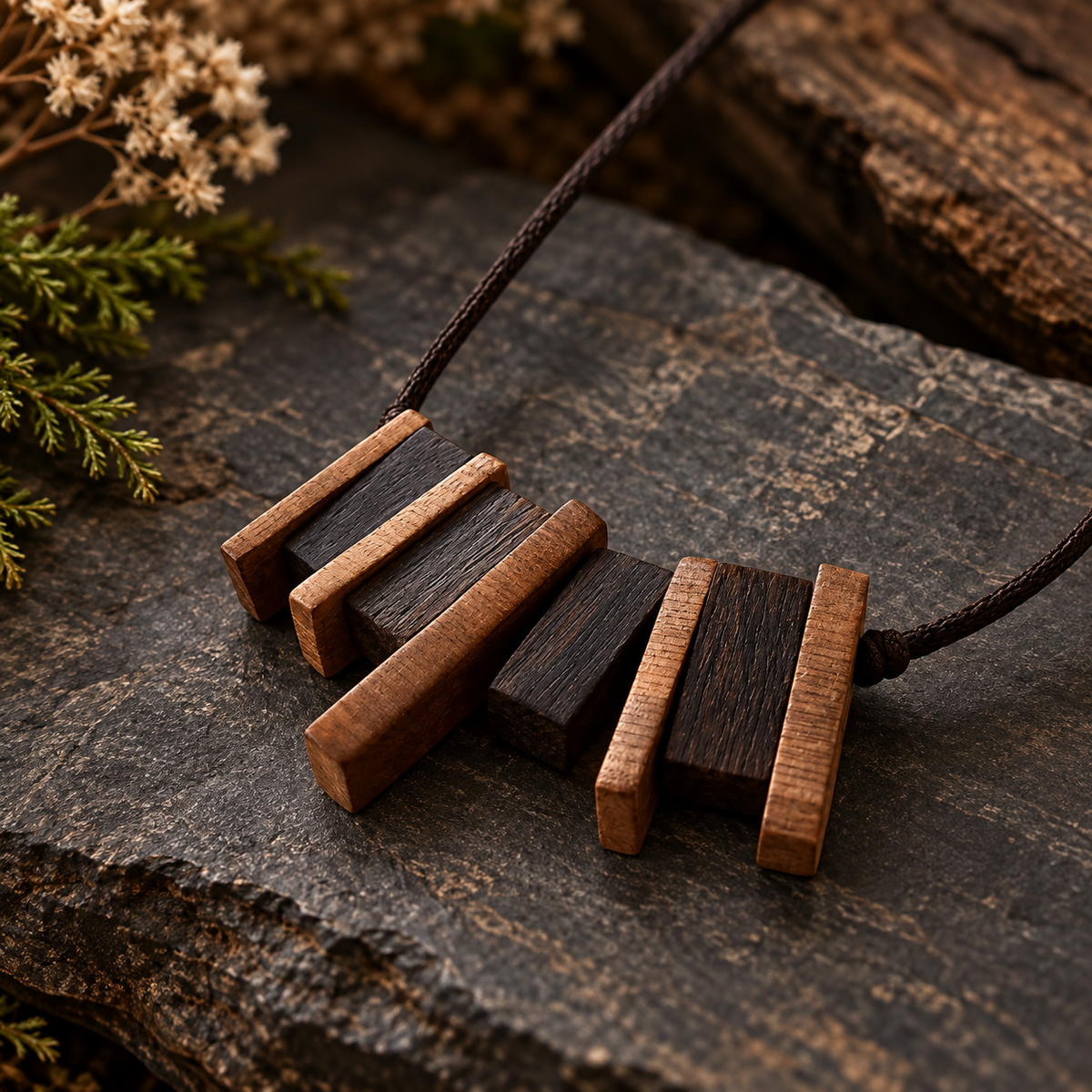 A wooden block pendant necklace with alternating light and dark wood strips, suspended on a dark cord over a rustic dark stone surface with dried flowers and greenery in the background.