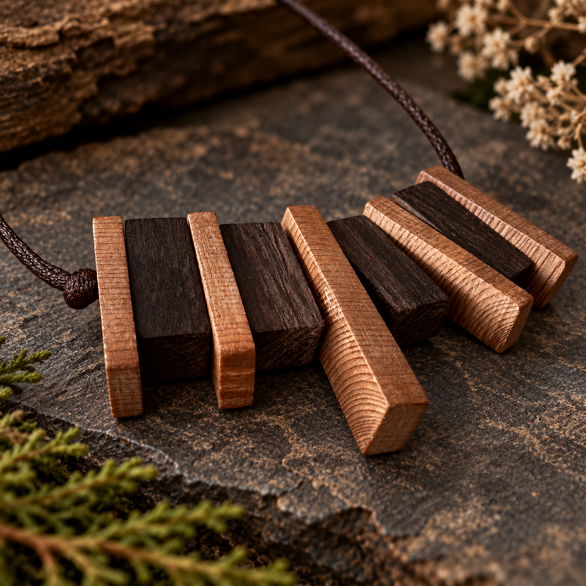 A close-up of a wooden pendant necklace with alternating dark and light wood rectangular blocks, strung on a dark cord, displayed on a textured stone surface with natural foliage and dried flowers.