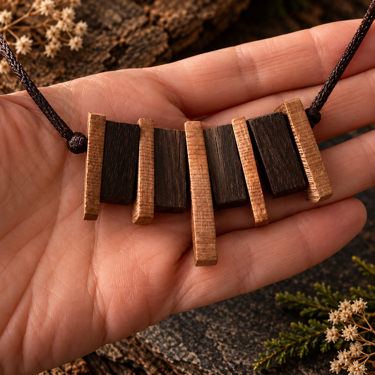 A close-up of a hand holding a wooden bead pendant necklace. The pendant features five rectangular dark wood beads framed by vertical light brown wood beads, suspended from a black cord.
