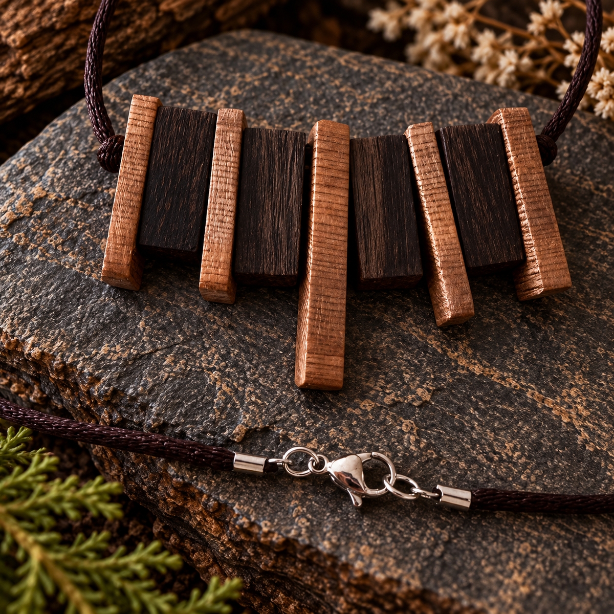 A dark wood and leather pendant necklace displayed on a textured stone surface, with a matching dark cord and silver clasp shown below it. The pendant features five vertical rectangular wood slats in varying shades of dark brown and black.