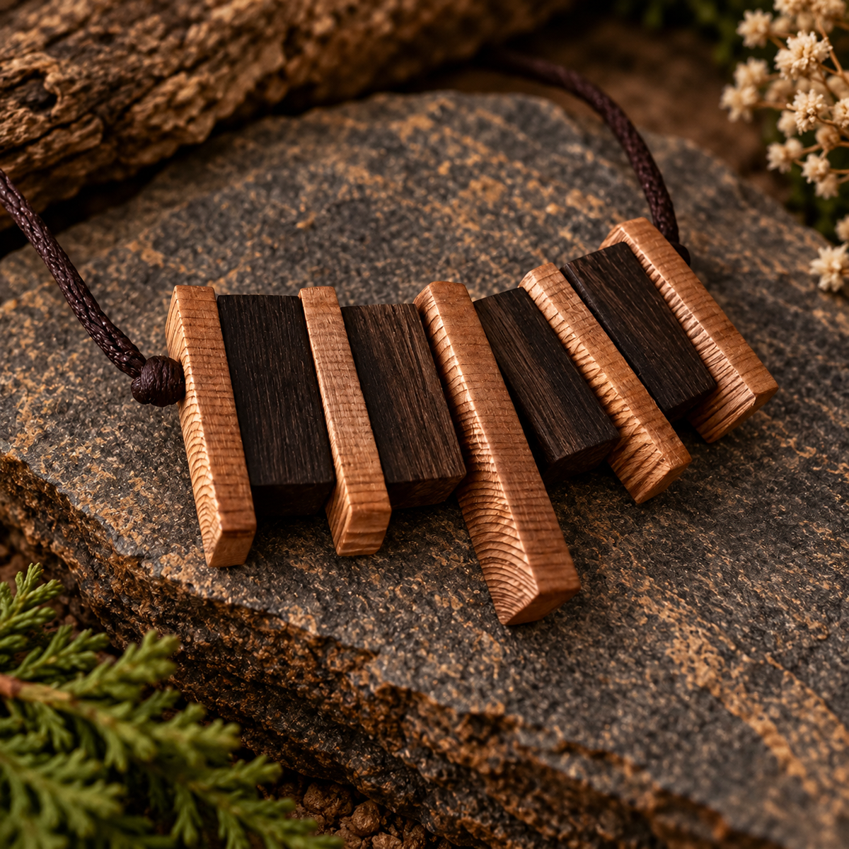 A close-up of a wooden pendant necklace with alternating dark and light wood rectangular bars, threaded on a dark cord, resting on a textured stone surface with natural foliage and bark in the background.