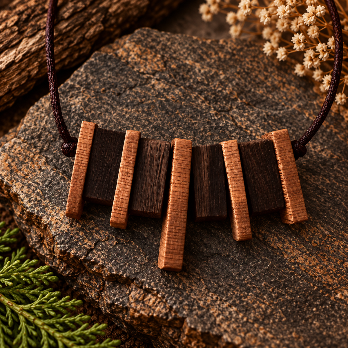 A wooden bar pendant necklace with alternating light and dark wood slats, suspended on a dark cord, displayed on a textured stone with dried flowers and greenery.