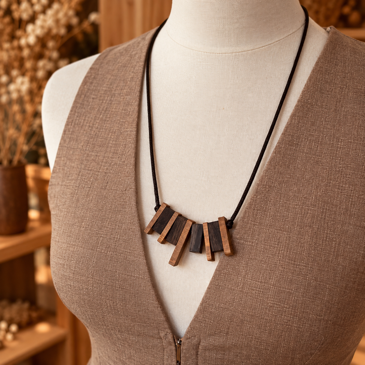 A close-up of a necklace displayed on a cream mannequin torso wearing a taupe linen vest. The necklace has a black cord and a geometric pendant made of alternating light and dark brown wooden bars.