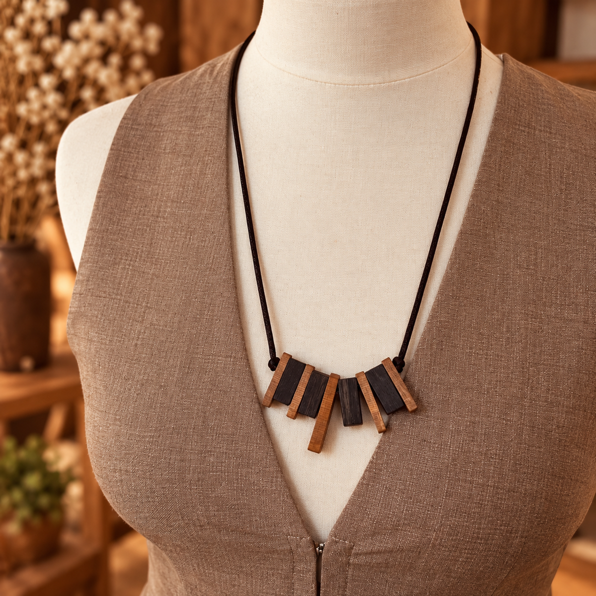 A close-up of a necklace displayed on a cream mannequin torso wearing a taupe linen vest. The necklace has a black cord and a geometric pendant made of alternating dark brown and light brown wooden bars.