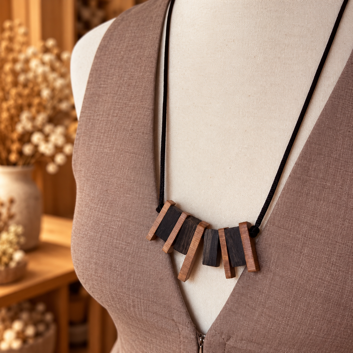 A close-up of a necklace displayed on a mannequin torso wearing a taupe vest. The necklace has a black cord and a central geometric pendant made of alternating dark charcoal and warm brown wooden rectangular bars.