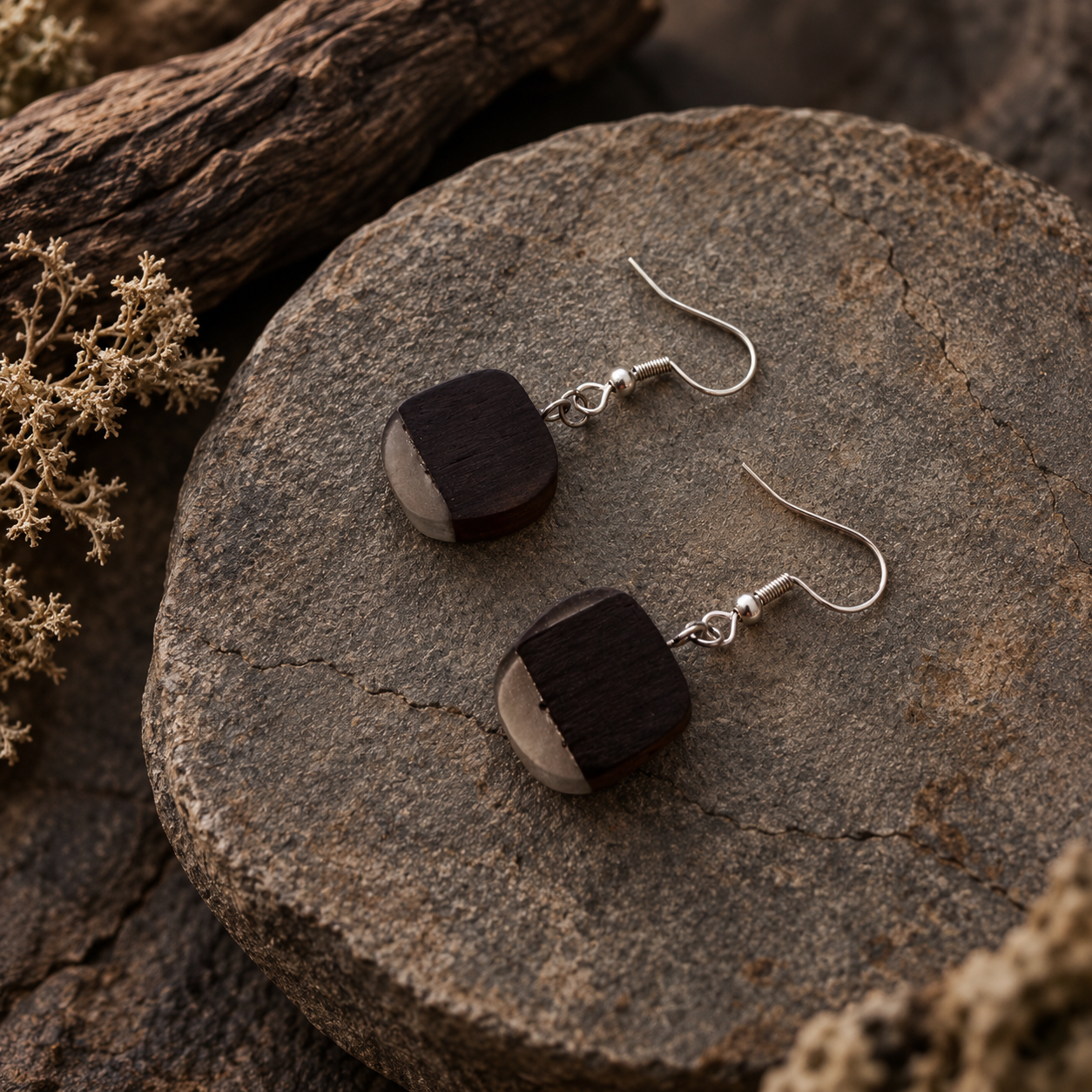 A pair of handmade dangle earrings with dark wood moon-phase discs and silver fishhook wires, displayed on a rustic stone slab with dried botanicals.
