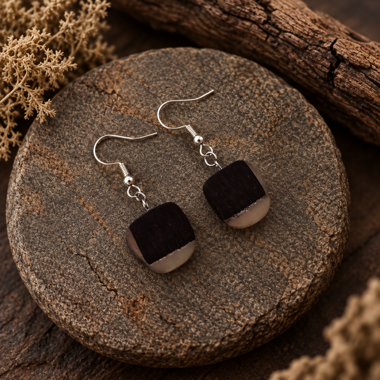 A pair of handmade dangle earrings with square dark brown wooden pendants and silver fishhook wires, displayed on a round wooden slice with dried floral decor.