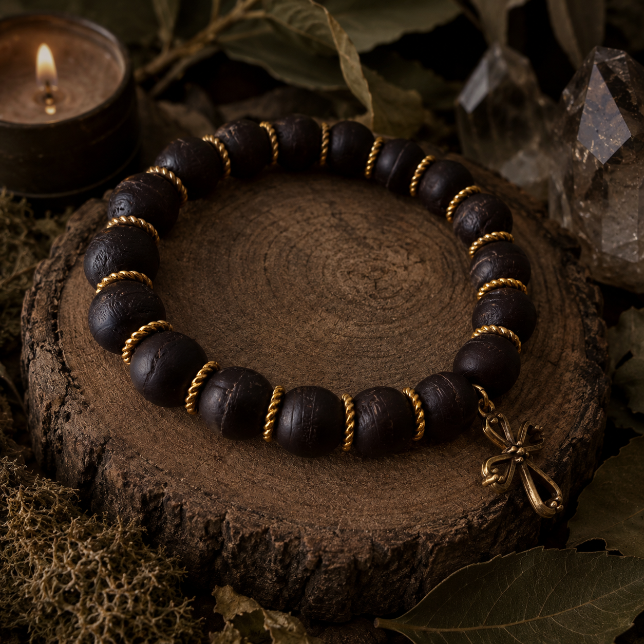 Wooden bracelet with gold accents on a wooden surface with a candle and crystals in the background