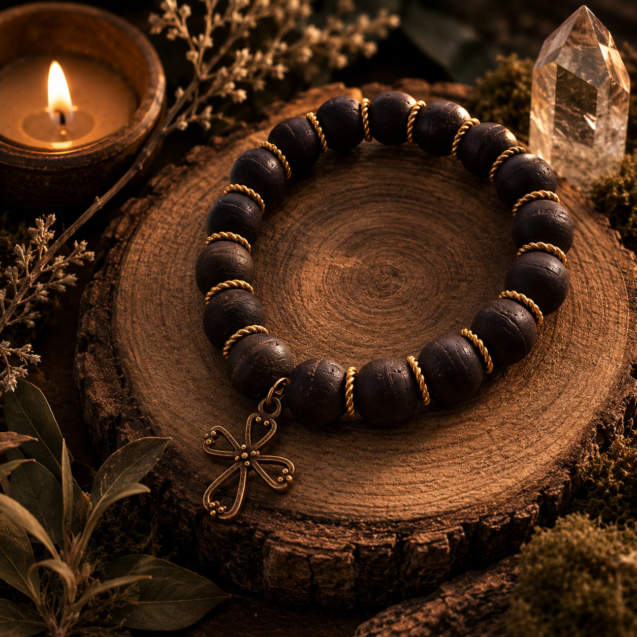 Bracelet with a cross charm on a wooden surface with a candle and crystal in the background