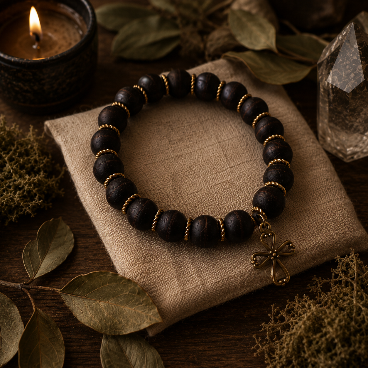 Black beaded bracelet with a cross charm on a textured surface with leaves and a candle in the background