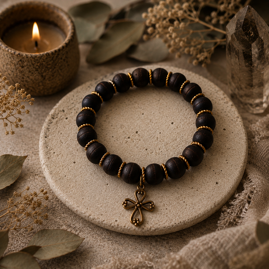 Black beaded bracelet with a cross charm on a stone surface, surrounded by dried leaves and a candle.