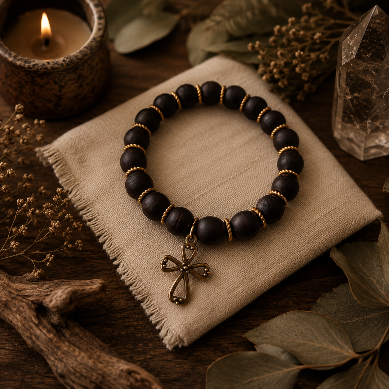 Black beaded bracelet with a cross charm on a beige cloth, surrounded by dried plants and a candle.