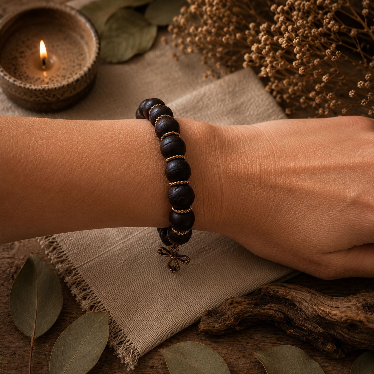 Black beaded bracelet on a wrist with a candle and leaves in the background