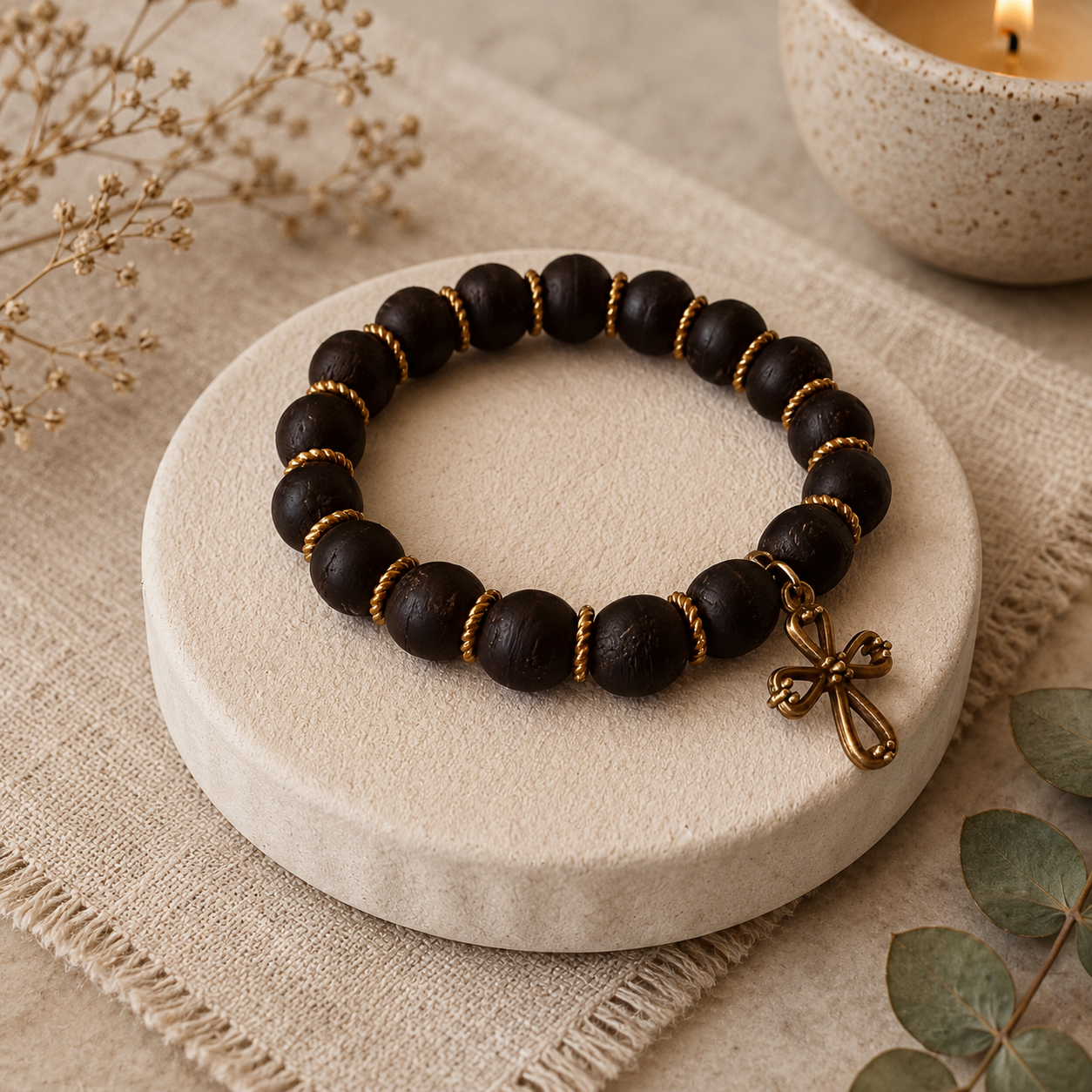 Black beaded bracelet with a gold cross charm on a beige stone surface.