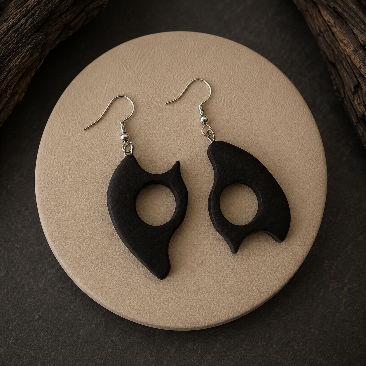 A pair of black wooden dangle earrings with a circular cutout and silver fishhook wires, displayed on a round beige ceramic plate against a dark textured background.