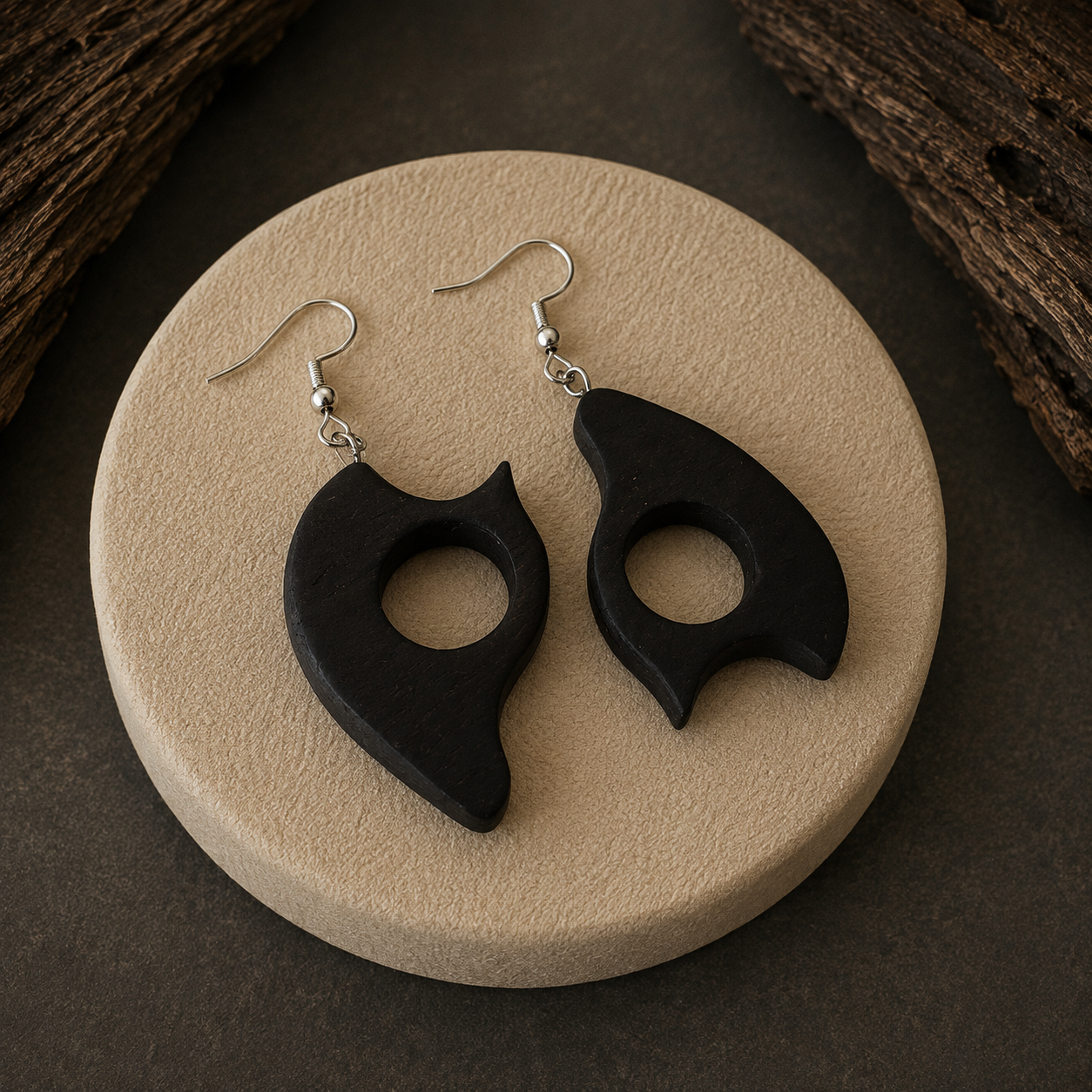 A pair of black sculptural dangle earrings with silver fishhook wires, displayed on a round beige stone tray with dark wood in the background.
