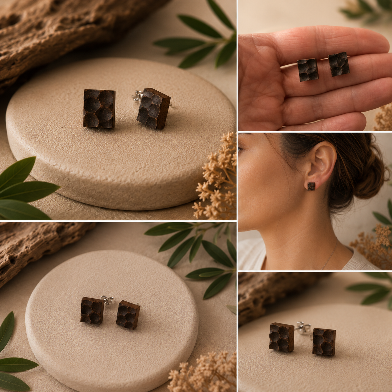 Collage of square earrings on a stone surface with leaves, held in hand, and worn by a person.