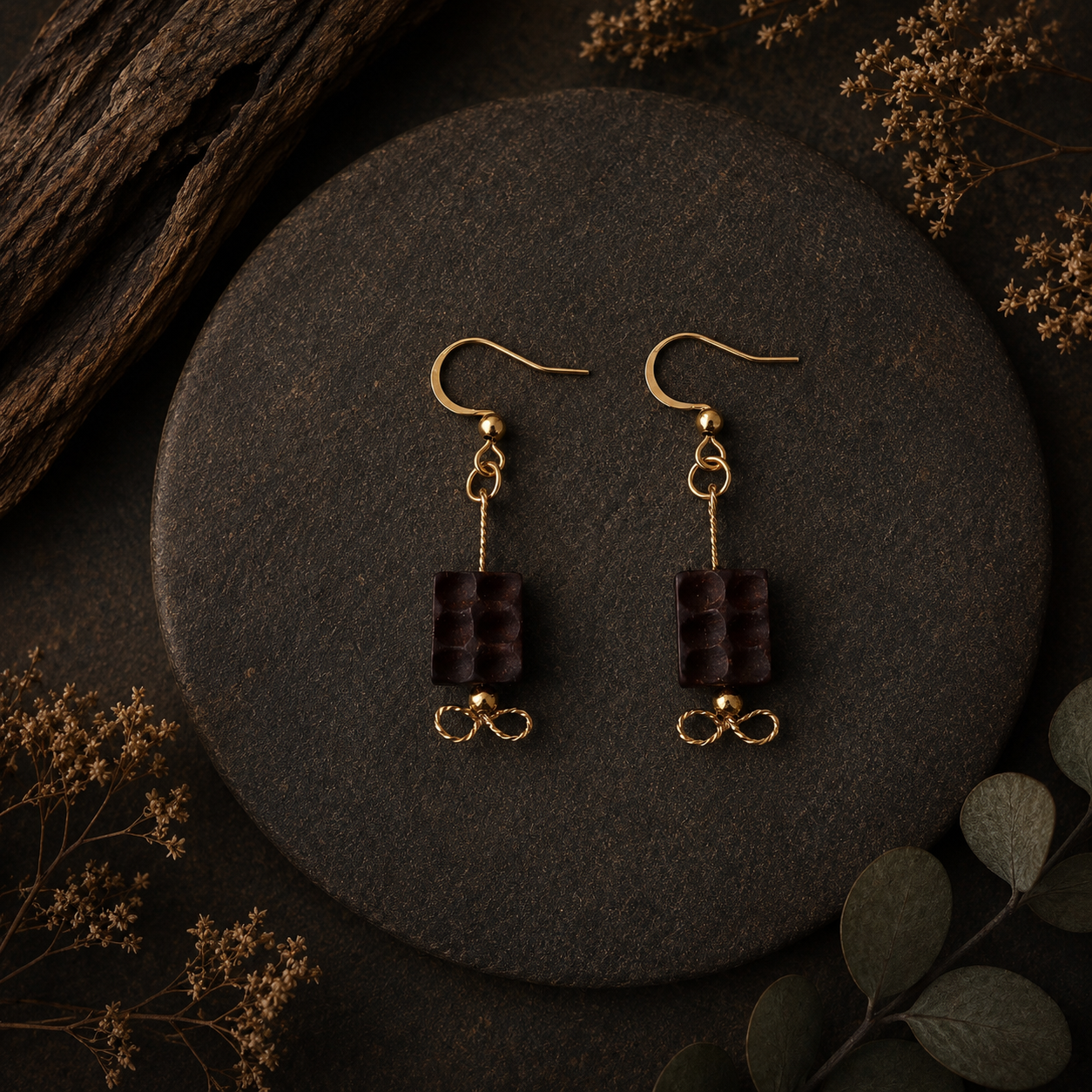 Pair of gold earrings with brown beads on a dark surface with dried plants.