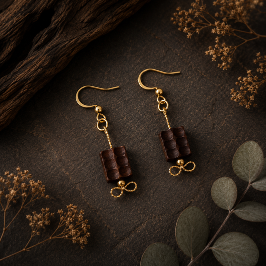 Pair of gold earrings with brown cylindrical beads on a dark surface with dried flowers and leaves.