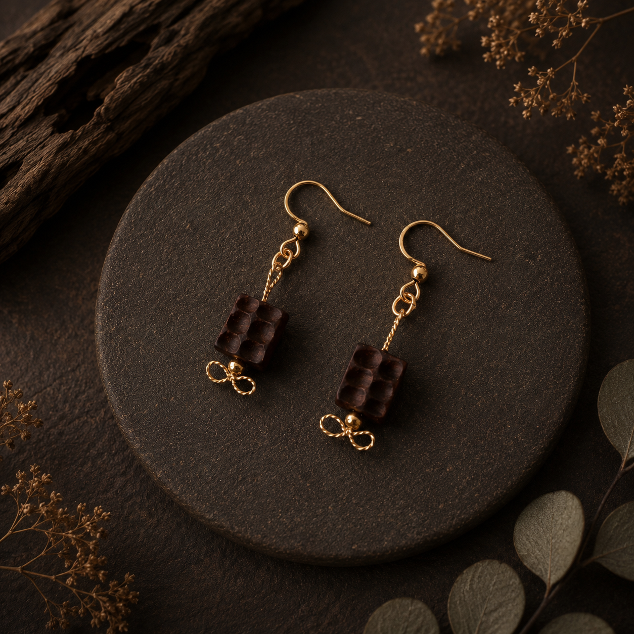 Pair of brown beaded earrings with gold accents on a dark surface.