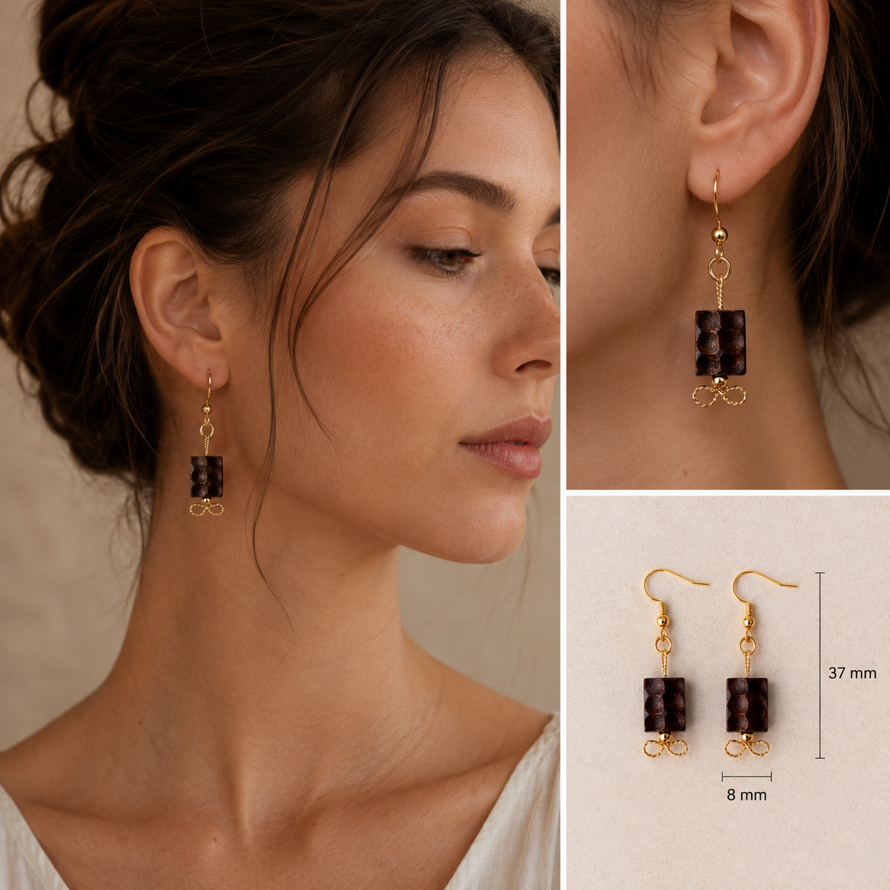 Woman wearing gold earrings with brown beads, close-up of earrings, and earring dimensions on a beige background.