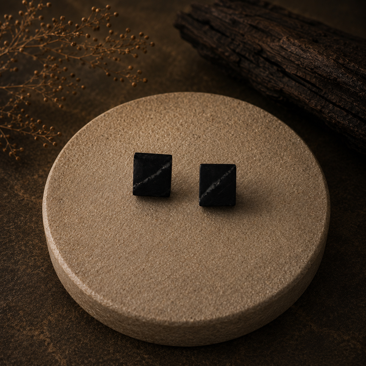 Black square earrings on a round beige stone with a dark background