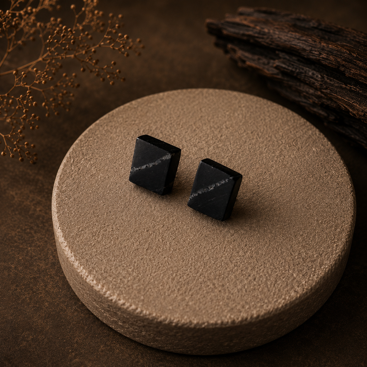 Black square earrings on a round beige stone with a brown background