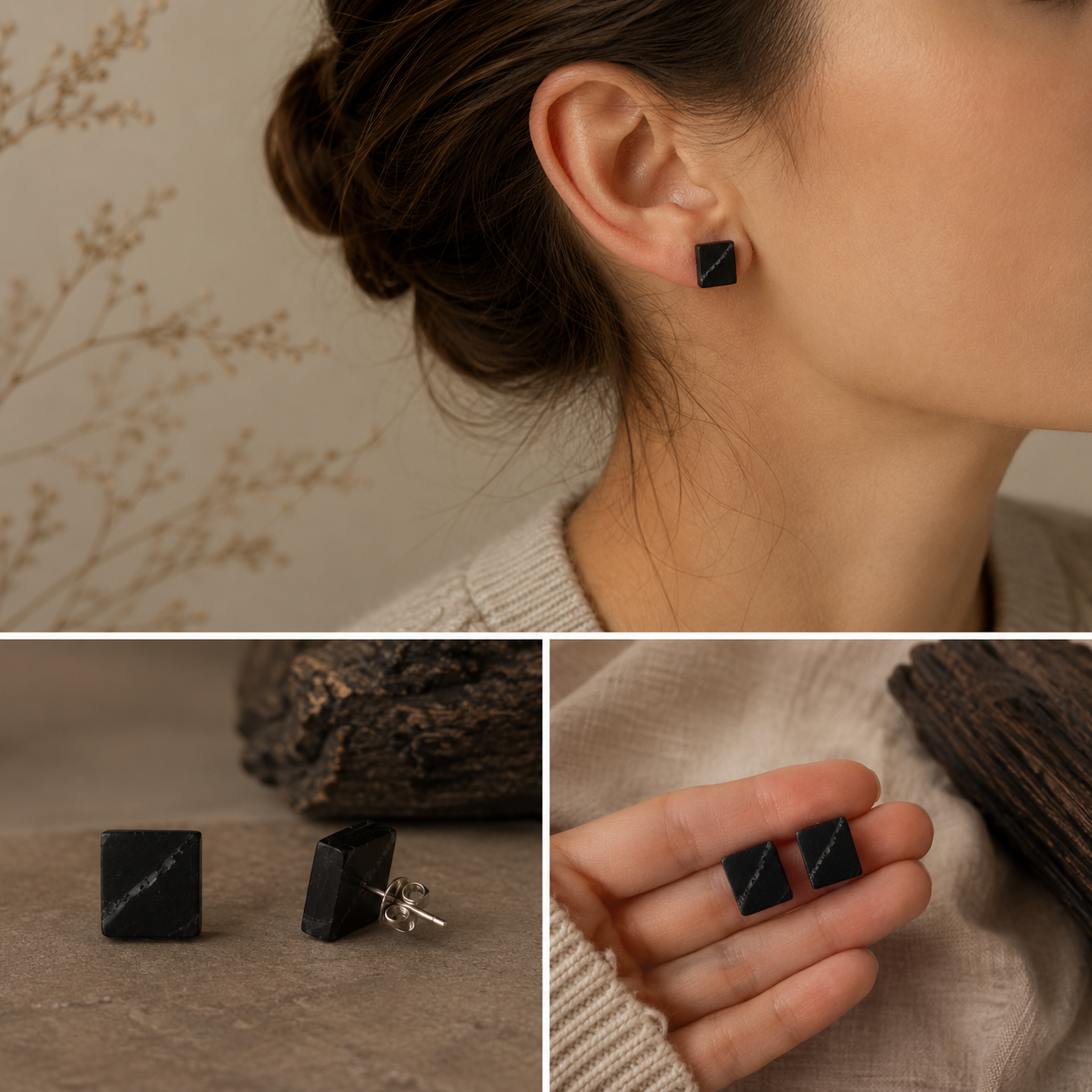 Collage of black square earrings worn by a person, on a neutral background.