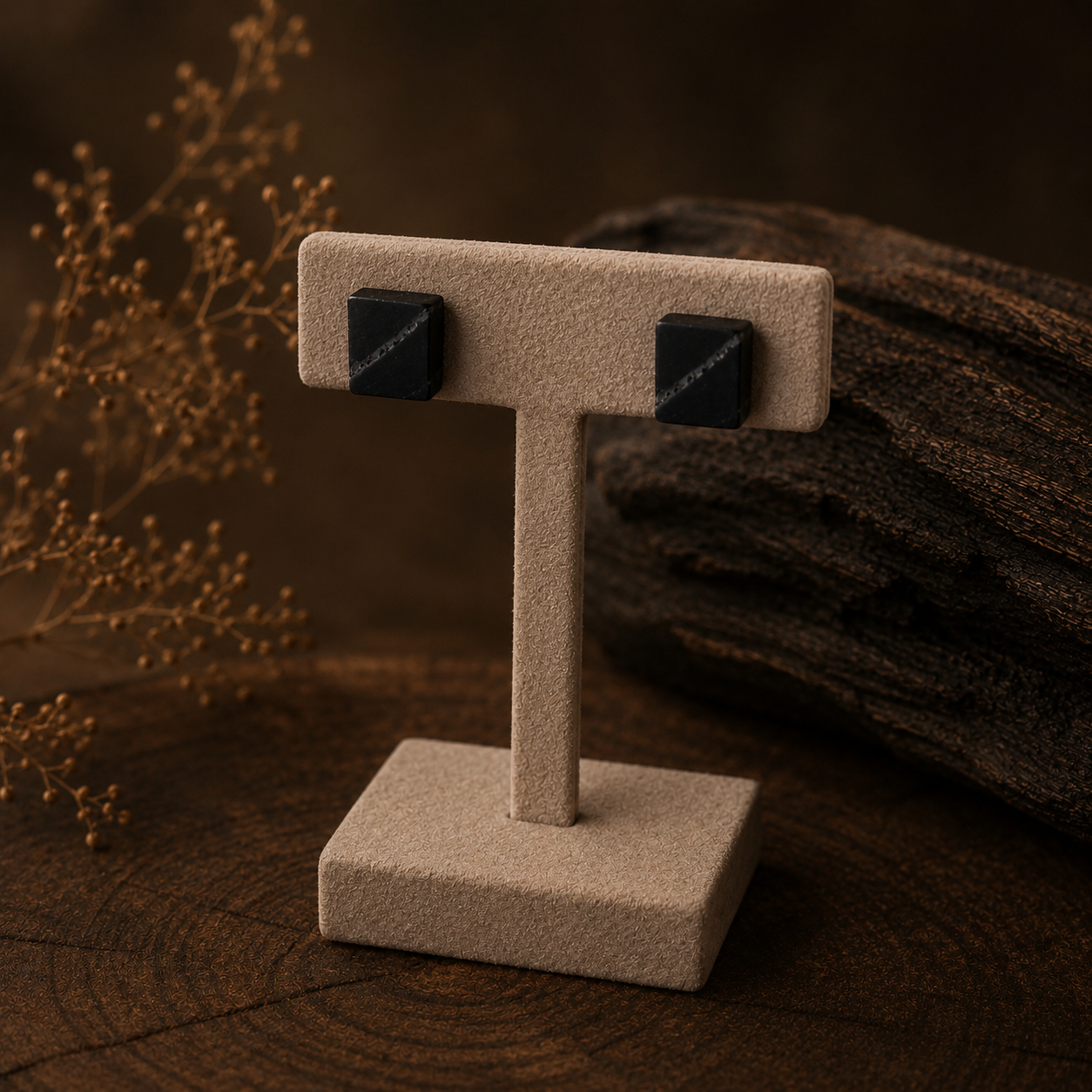Pair of black square earrings on a beige T-shaped stand against a brown background.
