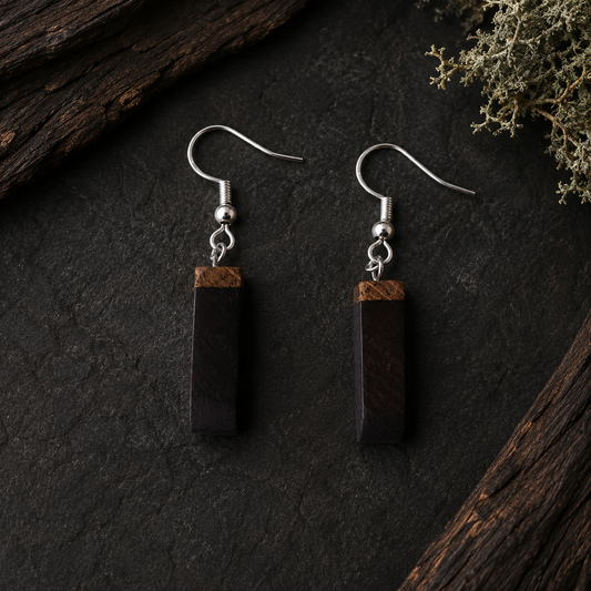 A pair of drop earrings with dark brown rectangular wooden pendants and silver fishhook wires, displayed on a dark textured surface with rustic wood and dried greenery.