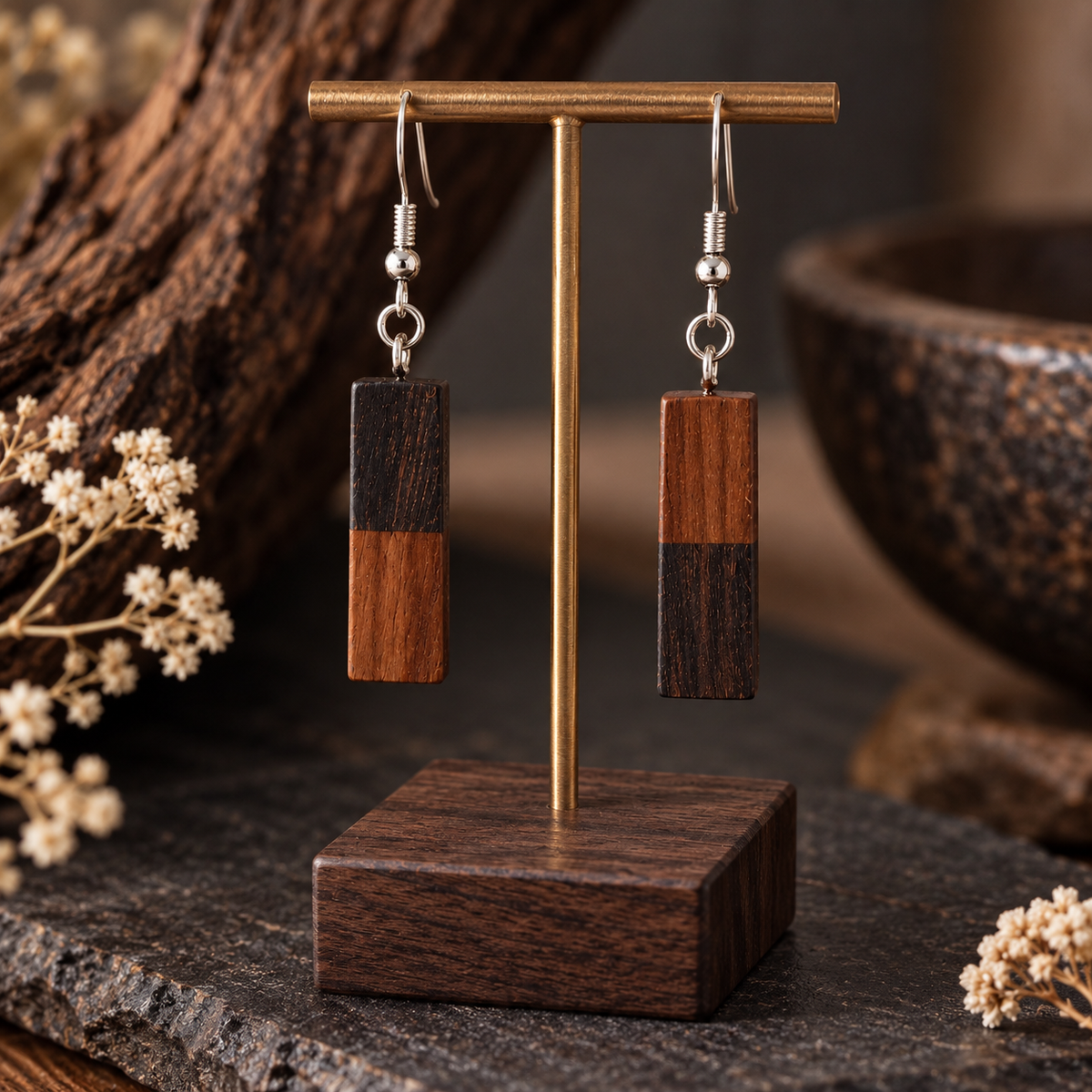A pair of rectangular drop earrings with a two-tone wood design, hanging from a brass T-bar jewelry stand. The earrings feature a lighter brown wood block on top and a darker brown wood block on the bottom, suspended from silver fishhook wires.