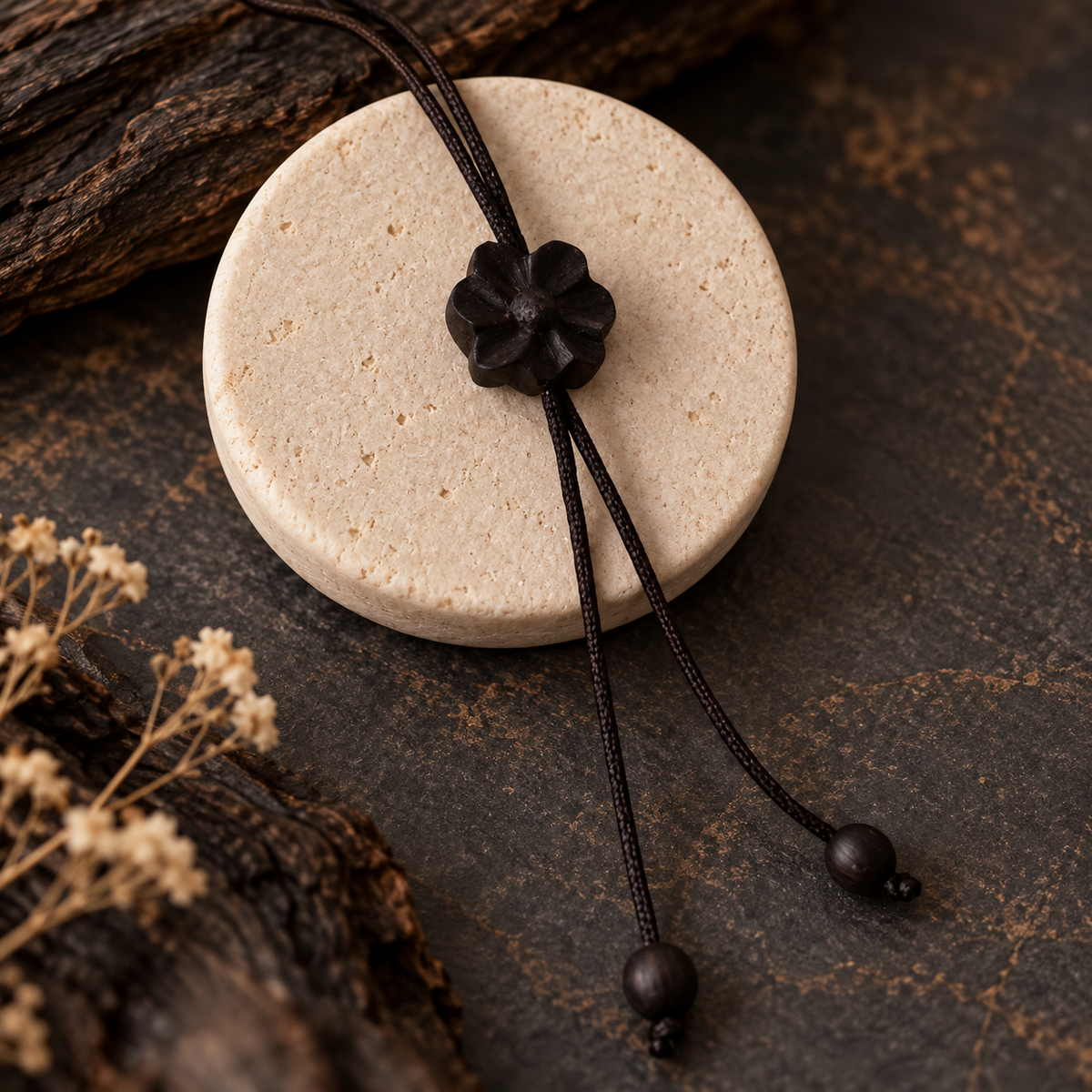 A black cord necklace with a carved black flower charm and dark beads, displayed on a round beige stone coaster over a dark textured surface with dried flowers and wood accents.