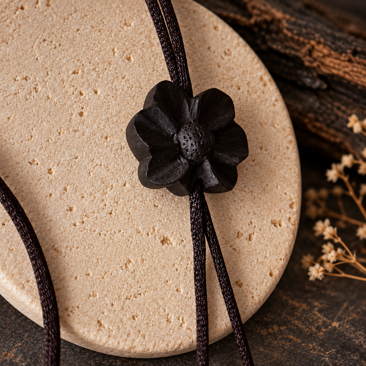 A close-up of a black cord necklace with a carved flower-shaped bead, displayed on a round beige stone with dried flowers and dark wood in the background.