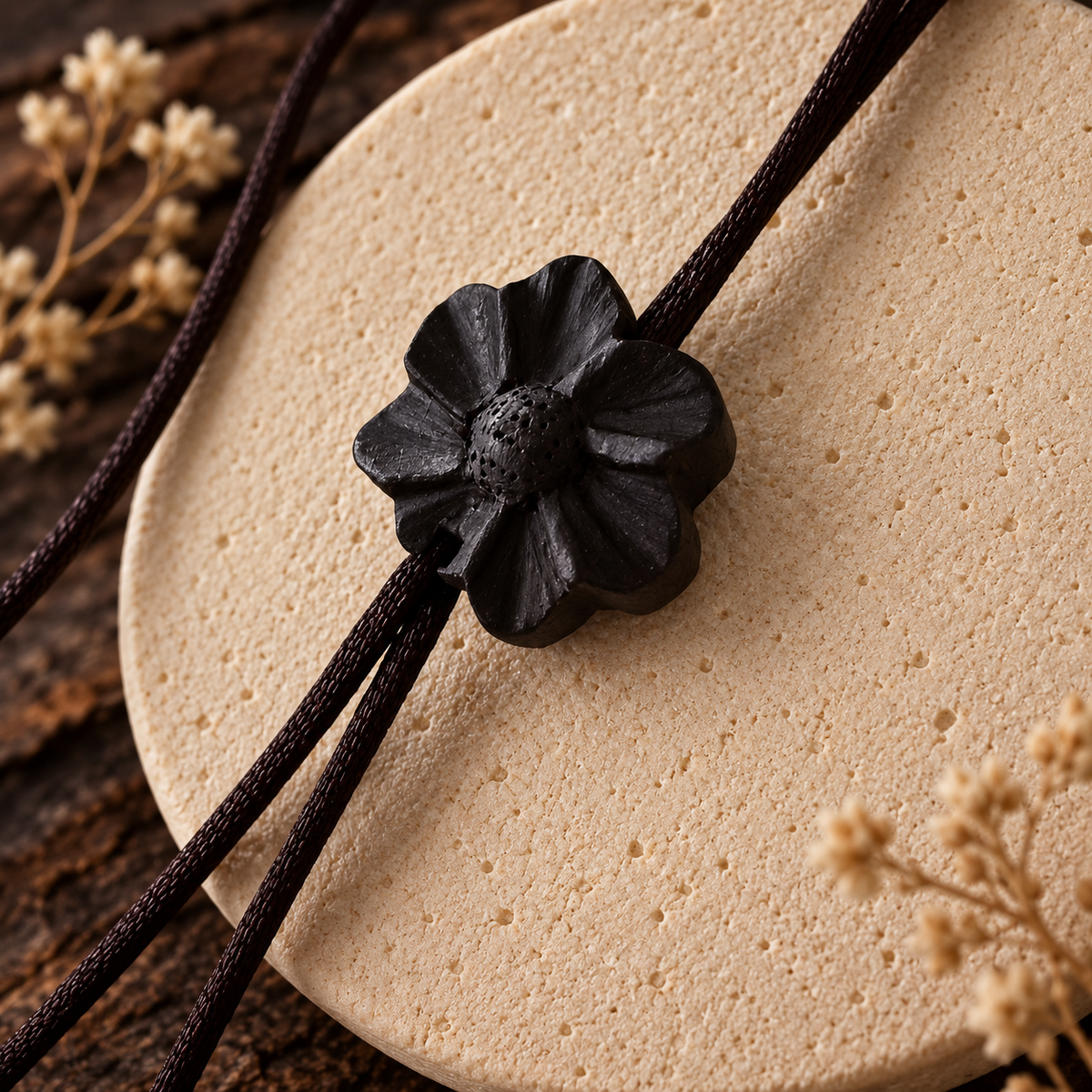 A close-up of a black flower-shaped bead or charm threaded on a dark cord, resting on a round beige textured stone or coaster with dried floral props around it.