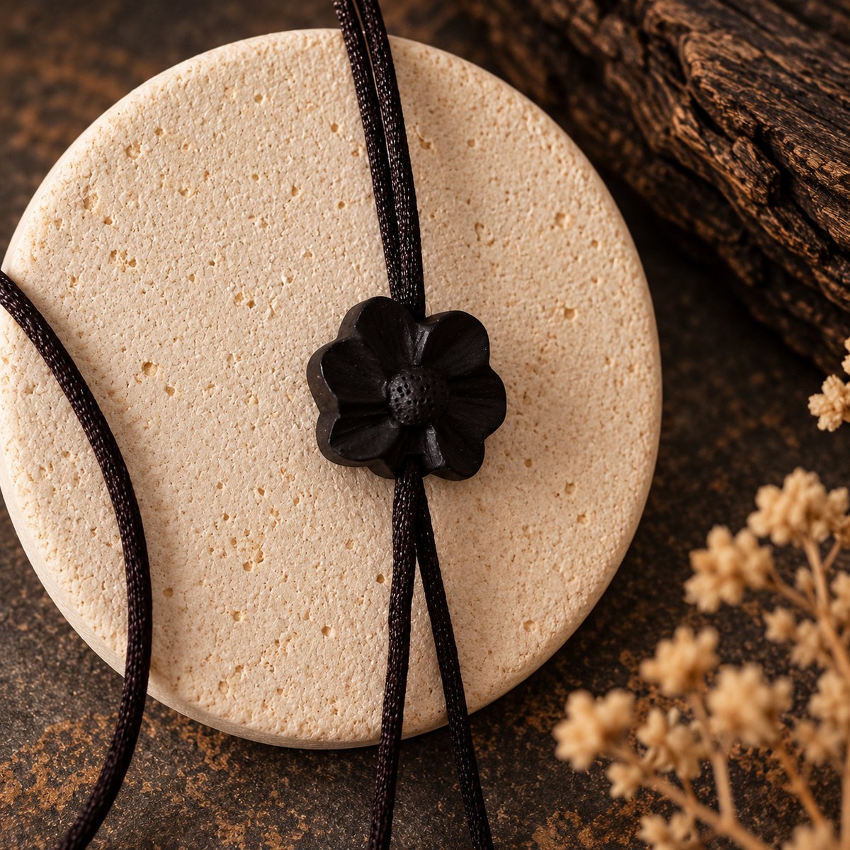 A close-up of a black cord necklace with a textured black flower charm, draped over a round beige stone on a dark rustic surface with dried flowers in the corner.