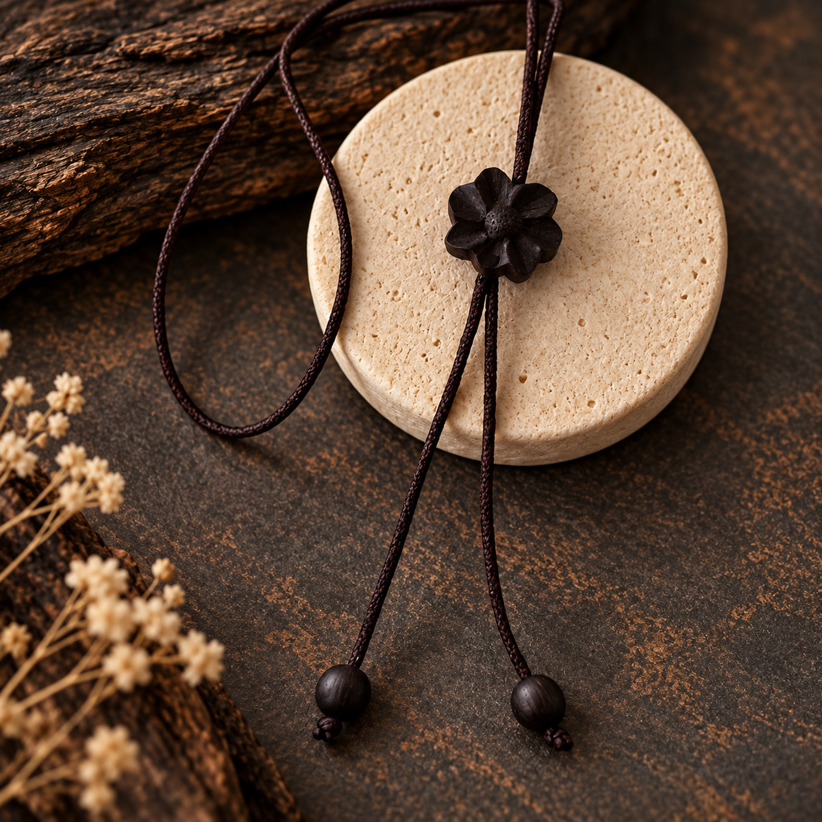 A dark brown cord necklace with a black flower-shaped bead centerpiece and black beads at the ends, displayed on a round beige stone coaster with dried flowers and wood in the background.