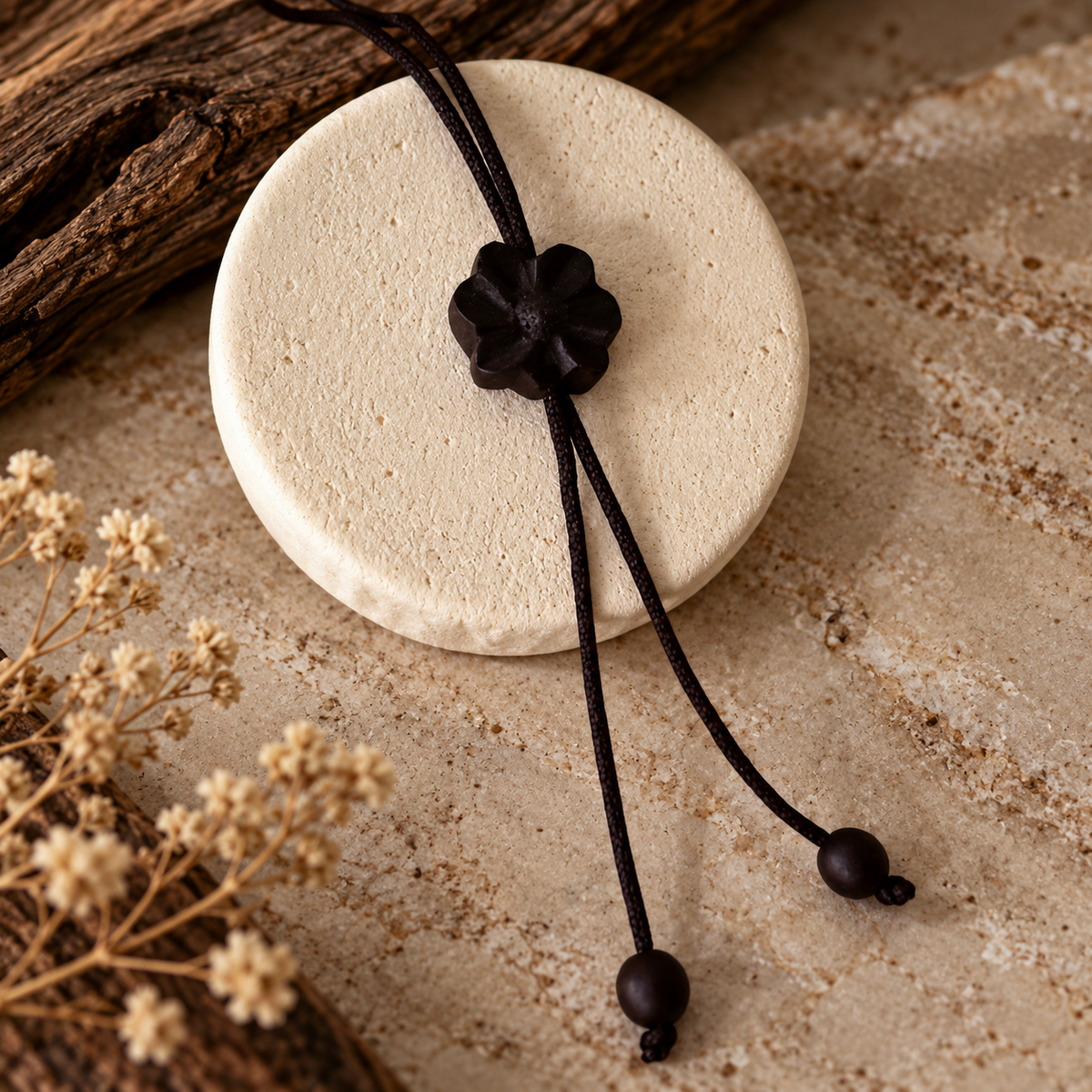A black cord necklace with a dark flower-shaped bead and black beads at the ends, displayed on a round beige stone coaster with dried flowers and wood in the background.