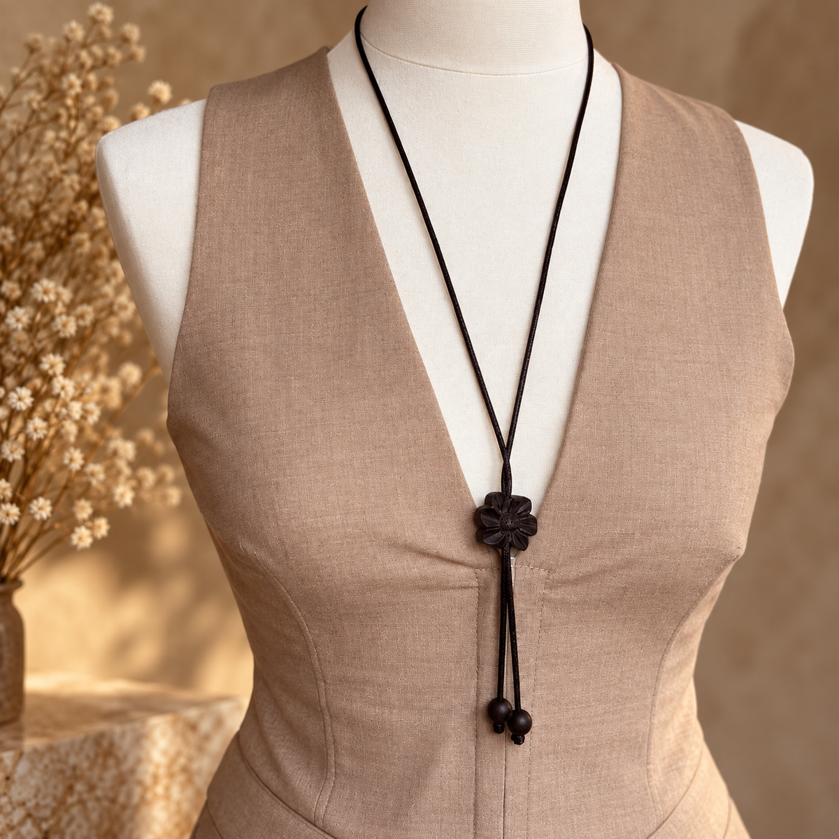 A sleeveless taupe linen vest displayed on a white mannequin torso, featuring a long black cord lariat necklace with a dark brown wooden flower clasp and beads.