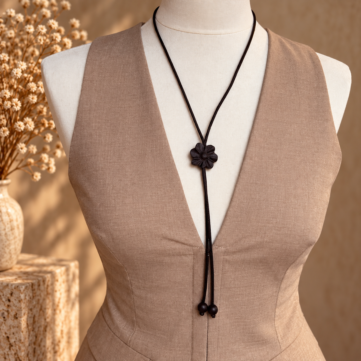 A sleeveless beige vest or dress displayed on a white mannequin torso, featuring a black cord larynx necklace with a black flower charm. The background is a warm beige wall with dried flowers in a vase on the left.