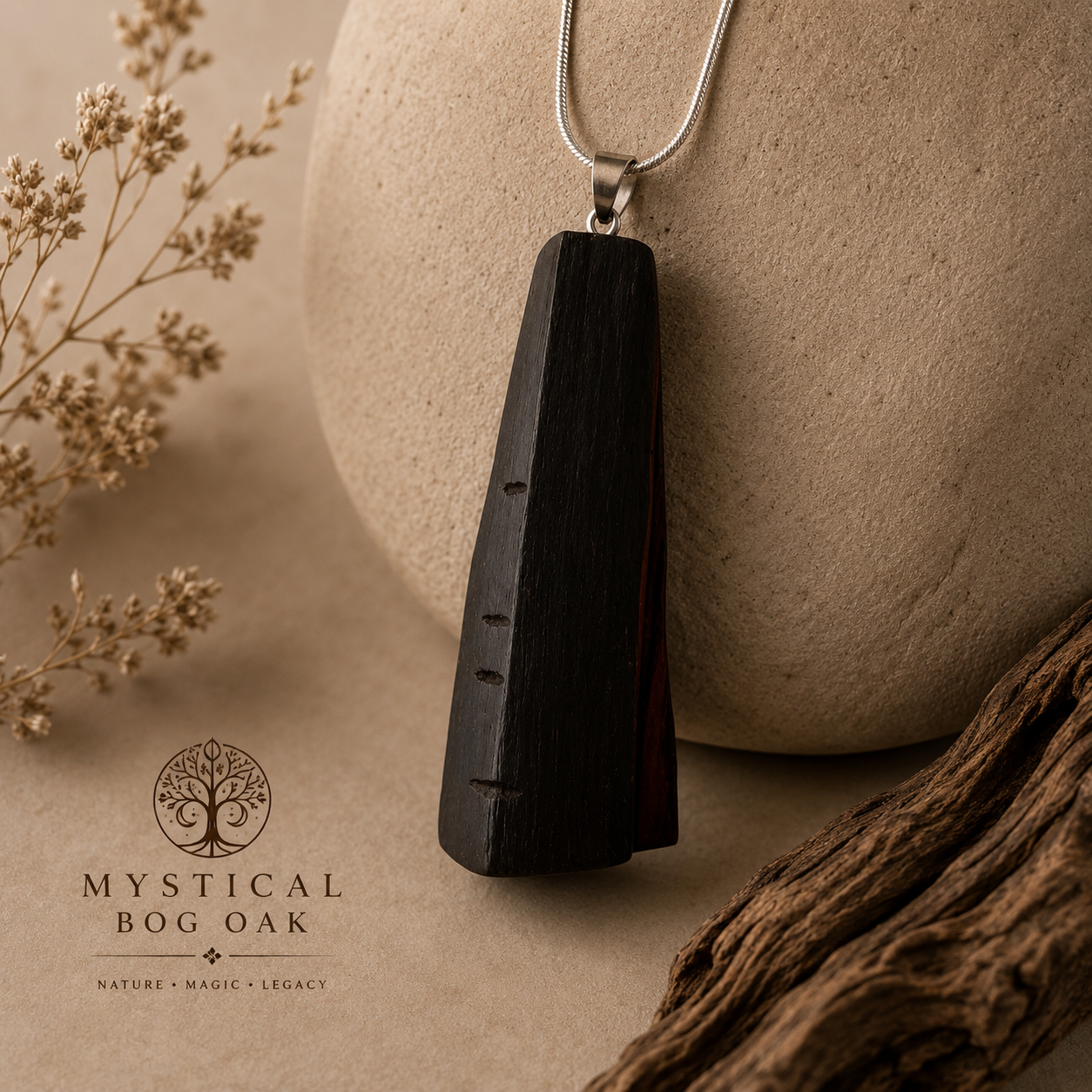 Black pendant necklace on a stone surface with dried plants, featuring 'Mystical Bog Oak' branding.