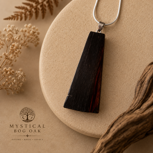 Wooden pendant on a beige stone with dried flowers and branches, featuring 'Mystical Bog Oak' branding.