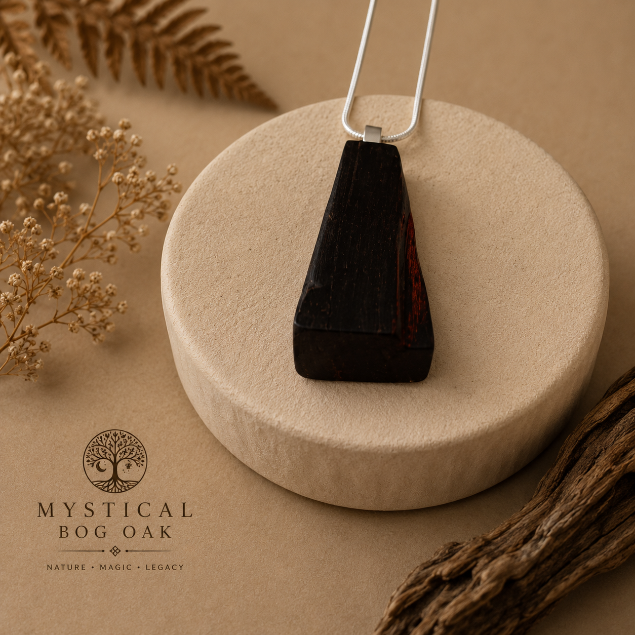 Wooden pendant necklace on a beige stone with dried plants, featuring 'Mystical Bog Oak' branding.