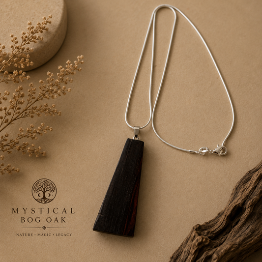 Necklace with a wooden pendant on a brown background, featuring the brand 'Mystical Bog Oak'.