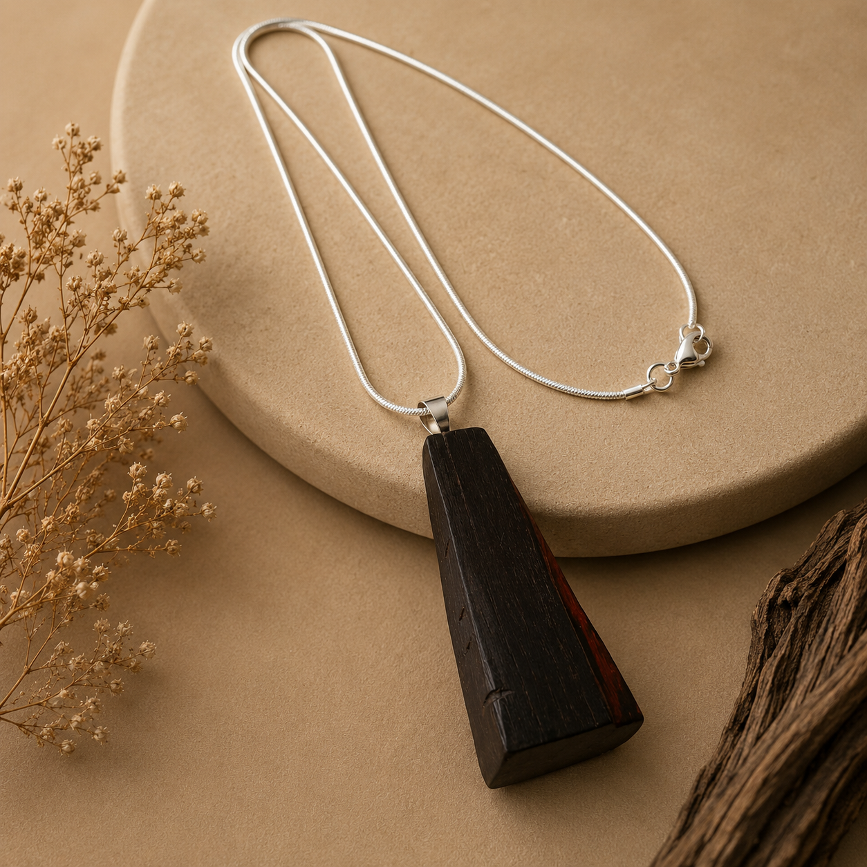 Necklace with a black pendant on a beige surface with dried flowers and wood.