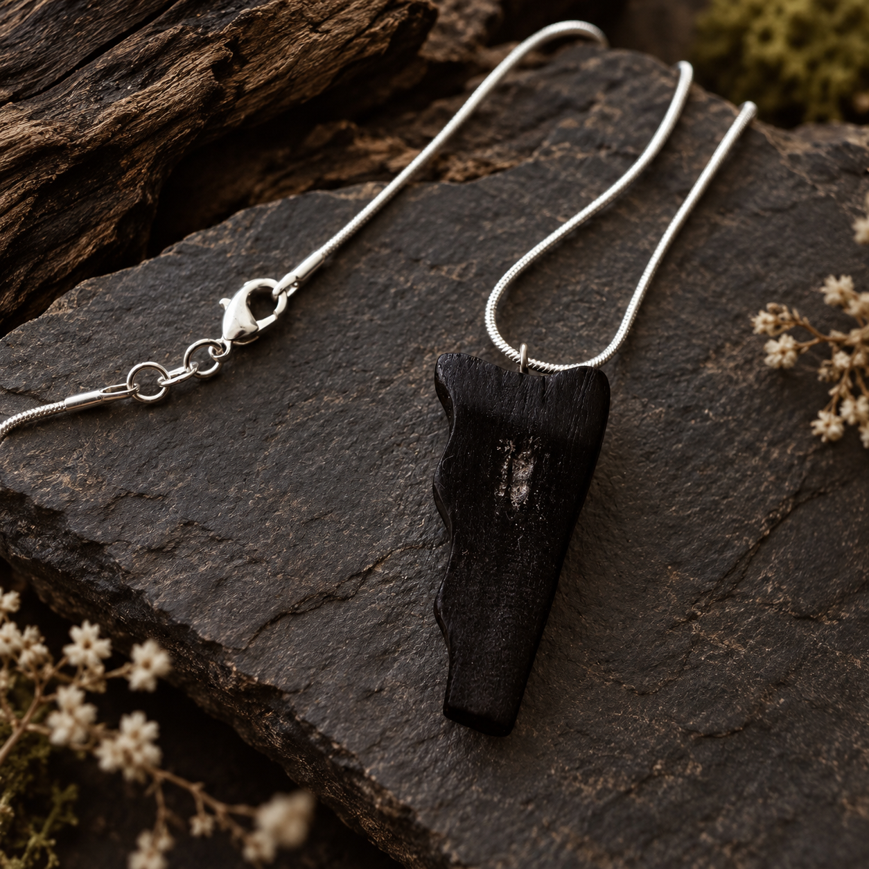 A silver chain necklace with a dark, irregularly shaped pendant displayed on a dark stone surface with dried flowers and wood in the background.