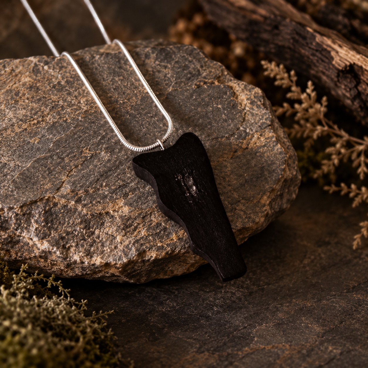 A black wooden pendant necklace with a silver snake chain, displayed on a textured gray rock with natural moss and dried foliage in the background.