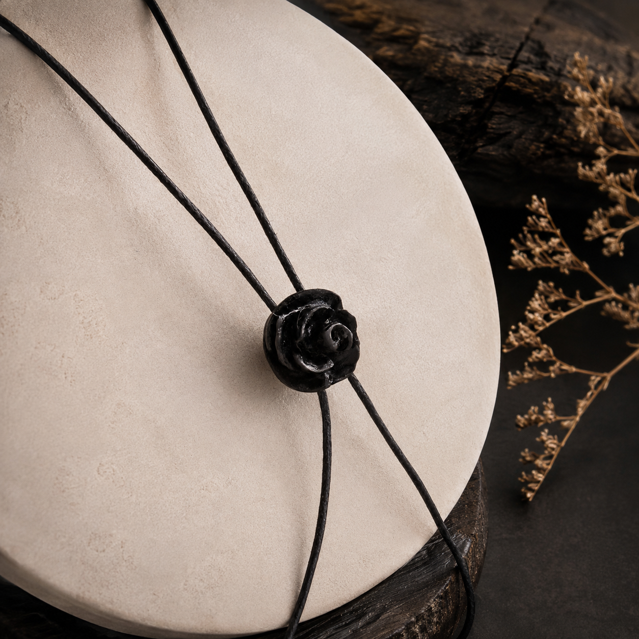 A black leather cord necklace with a sculpted black rose pendant, displayed on a round beige stone stand with dark wood and dried botanicals in the background.
